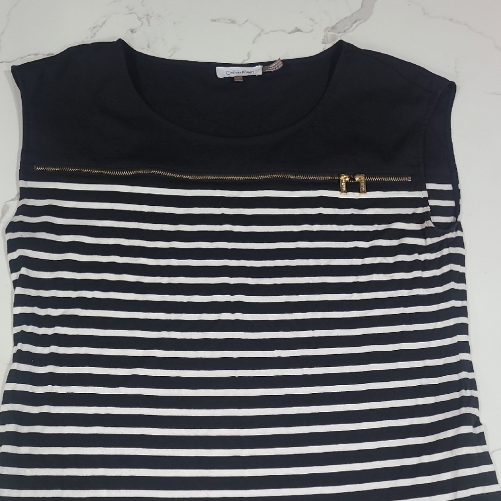 Calvin Klein Black and White Striped Blouse with Gold Zipper